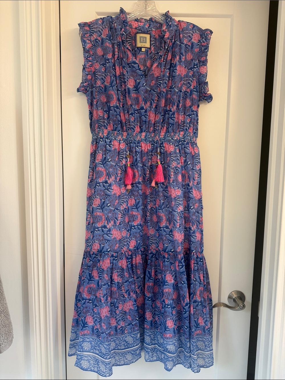 Bell (Alicia Bell) Blue and Pink Floral Maxi Dress with Pink Tassels and charms